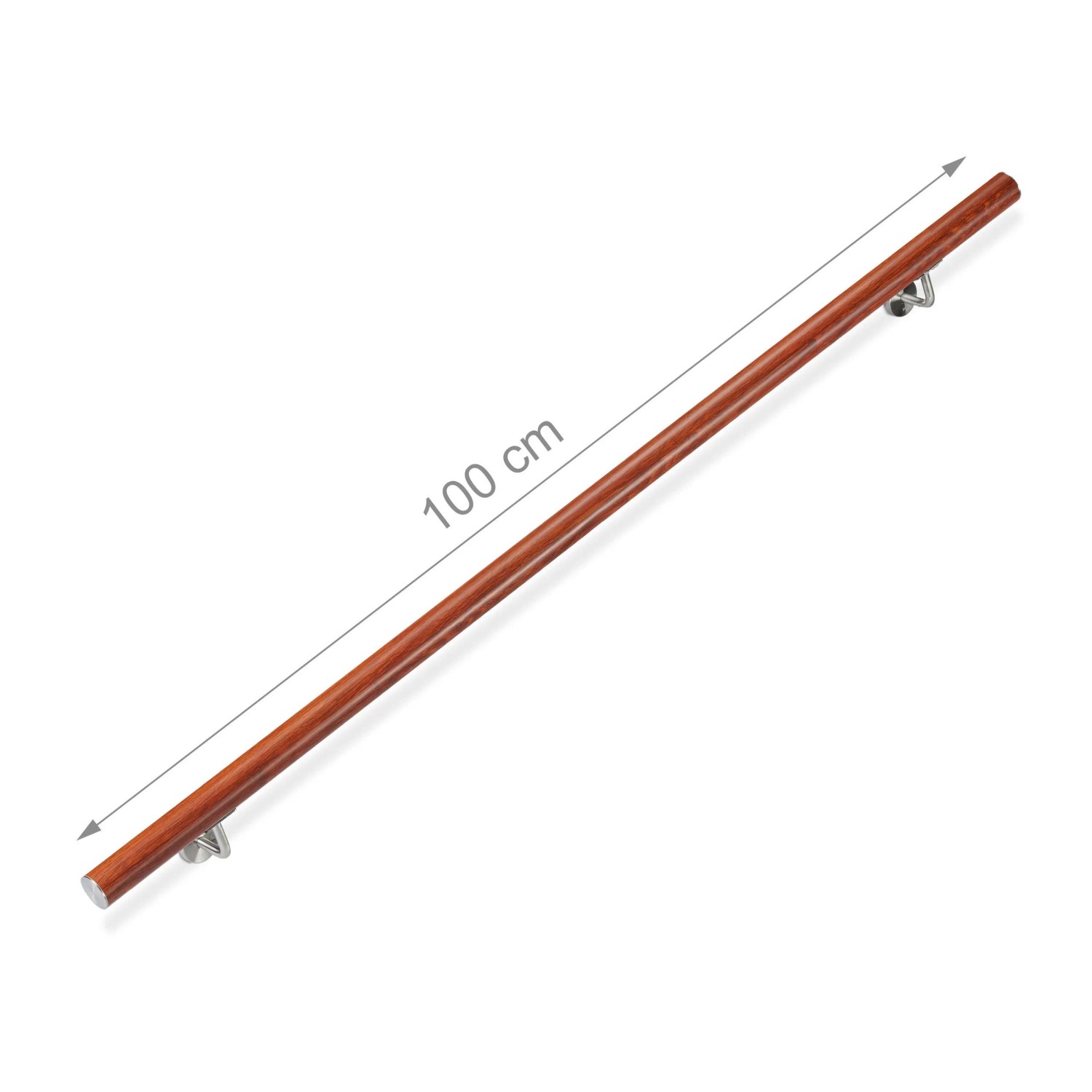 Brauner Aluminium Handlauf 100 cm in Eiche-Optik mit silbernen Edelstahl-Wandhalterungen.