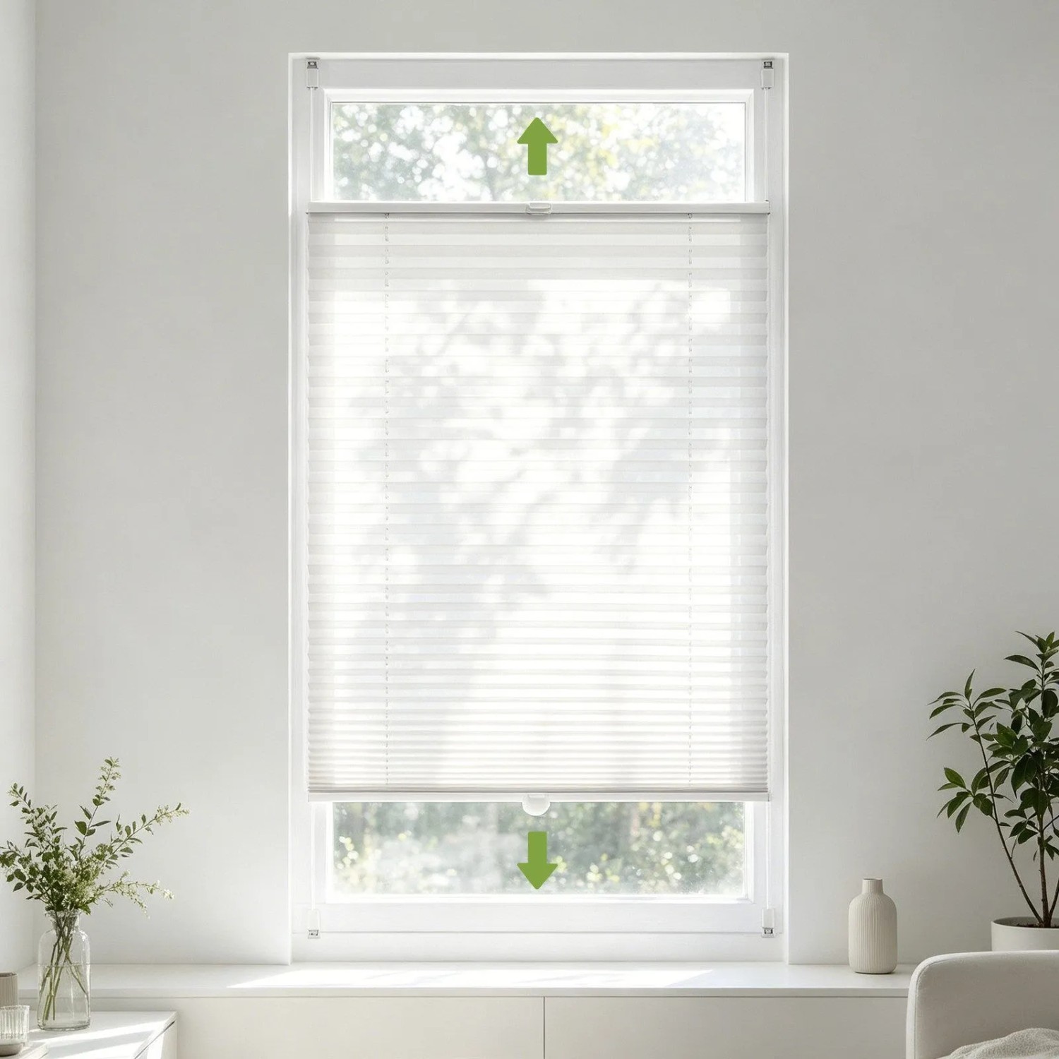 Weißes Klemmfix Plissee Fensterrollo, blickdicht, flexibel verstellbar. Sonnenschutz ohne Bohren für Fenster.