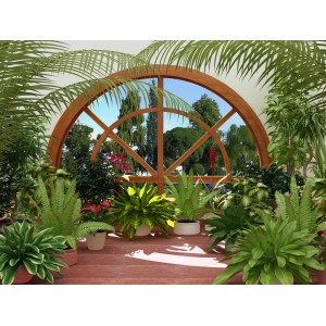 Sanders Fototapete Pflanzen Grün, tropische Pflanzen vor Fensterbogen, 360x254 cm