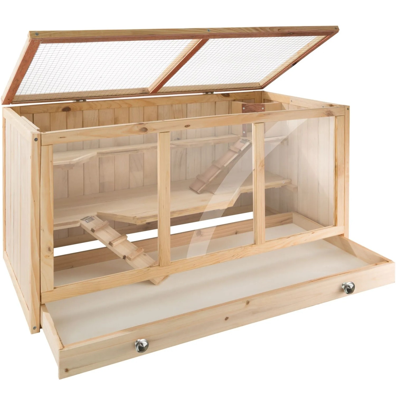 Tectake Nagerkäfig Goldie Aus Holz Mit 3 Etagen und 2 Rampen  Große Plexiglasscheiben  95 x 50 x 50 cm Braun