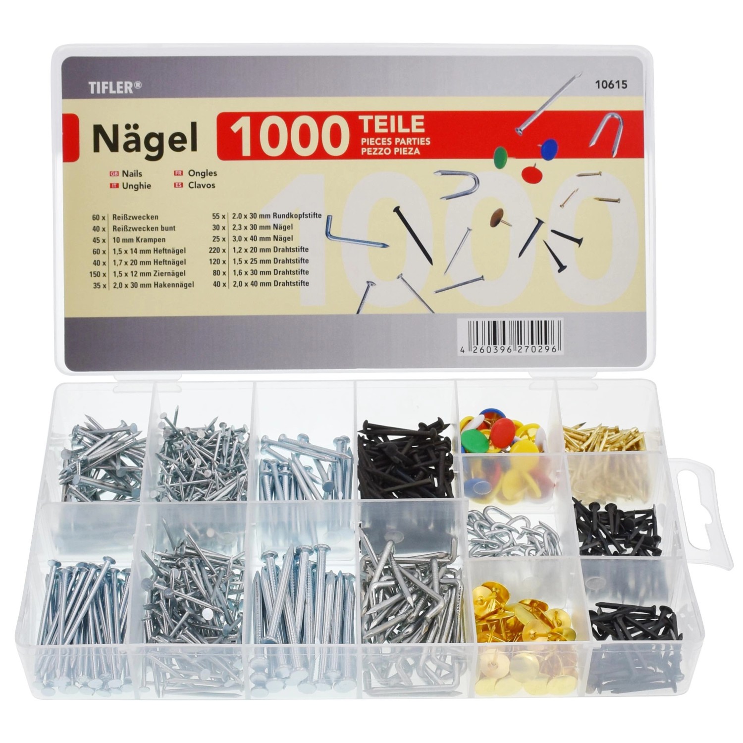 Sortimentsbox mit 1000 Nägeln und Stiften in verschiedenen Größen und Ausführungen.