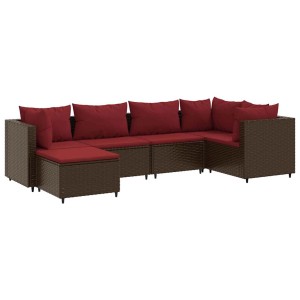 Braunes 6-tlg. vidaXL Garten-Lounge-Set aus Poly Rattan mit zimtroten Kissen.