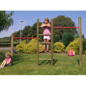 T & J Kletterreck Maik mit Leiter und zwei Kindern im Garten.