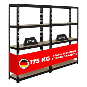 PROREGAL Schwerlastregal APOLLO im 2er-Set, 150x90x30cm, mit 5 Böden und 175kg Fachlast, schwarz.