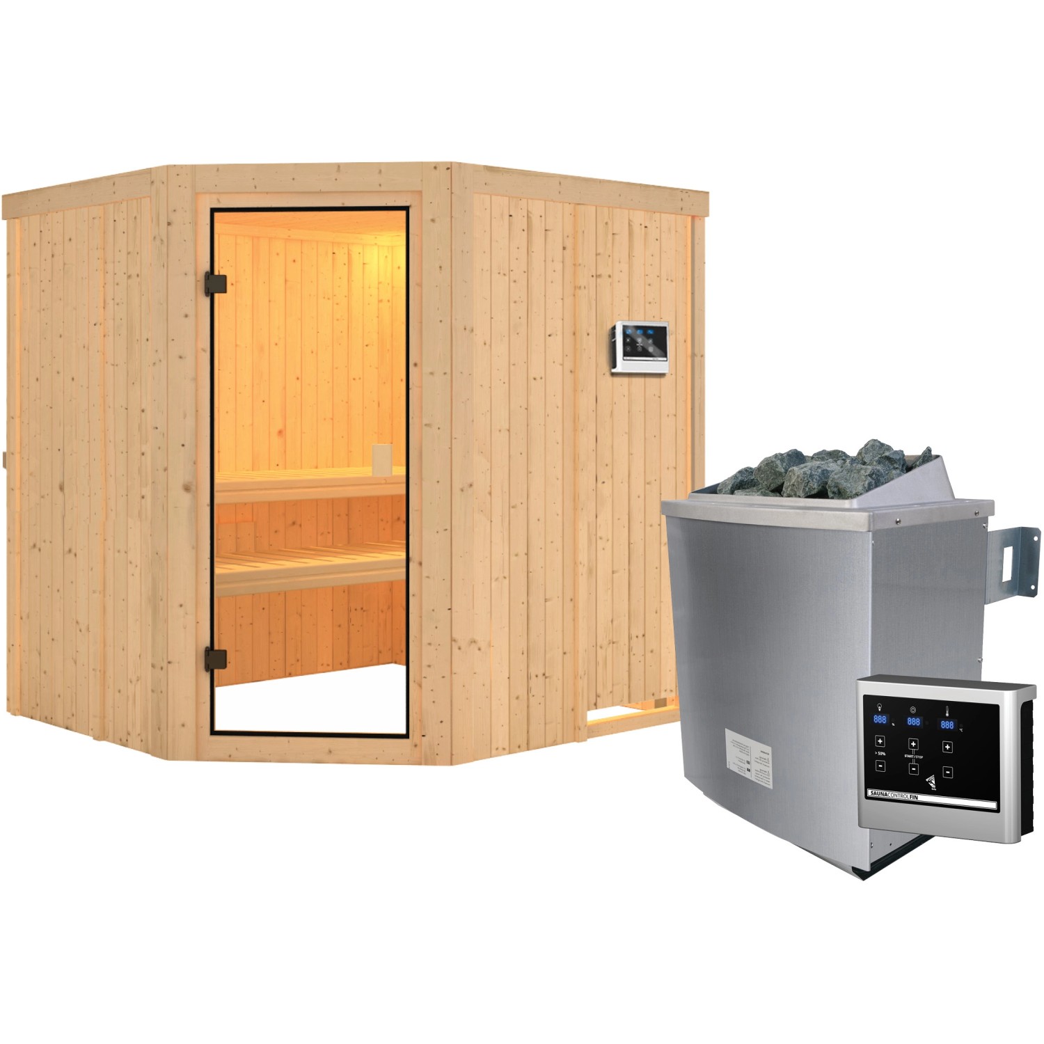 Woodfeeling Sauna Bodo inkl. 9 kW Ofen mit ext. Strg., Glastür Bronziert