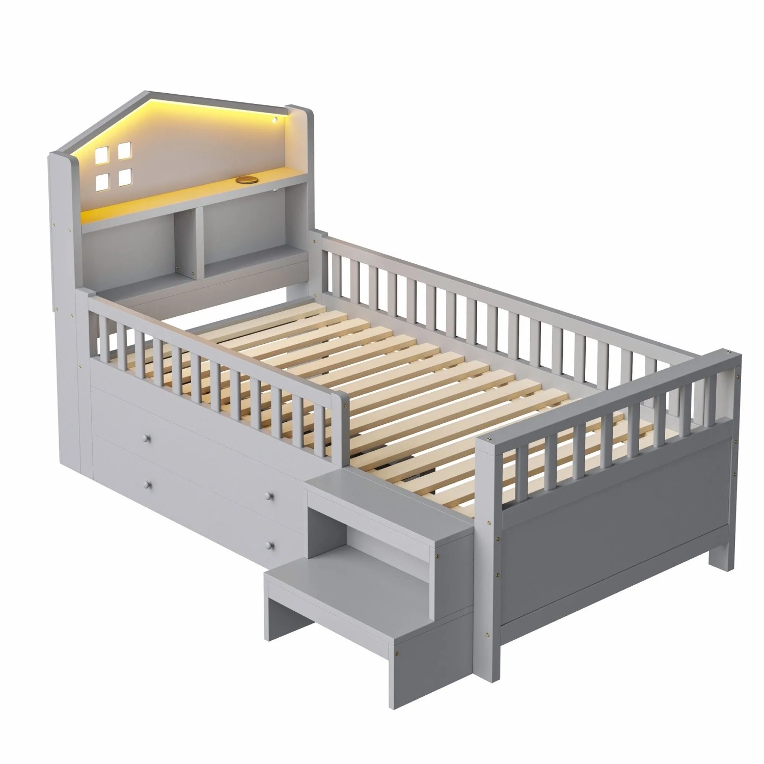 Merax Kinderbett 90x200cm LED USB Typ-C Schubladen Grau