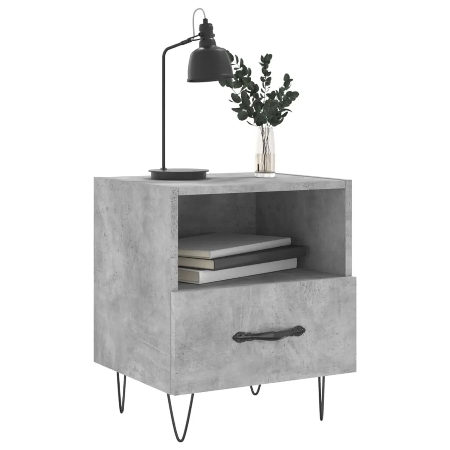 Betongrauer Nachttisch mit Schublade, Fach und Metallfüßen. Dekoriert mit Lampe und Pflanze.