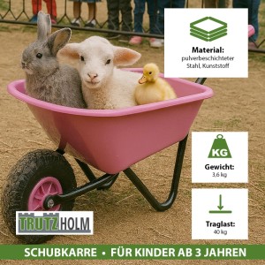 Rosa Kinderschubkarre TRUTZHOLM mit Häschen, Lamm und Küken in der Wanne.