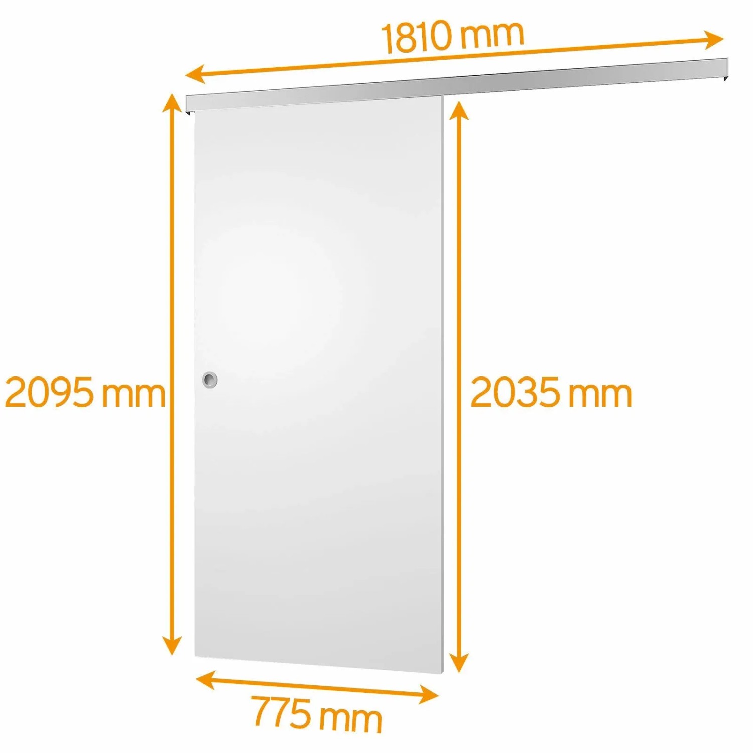 Weiße inova Holzschiebetür 775x2035 mm, Komplettset mit Laufschiene und Griffmuschel. Maße 775x2035 mm.
