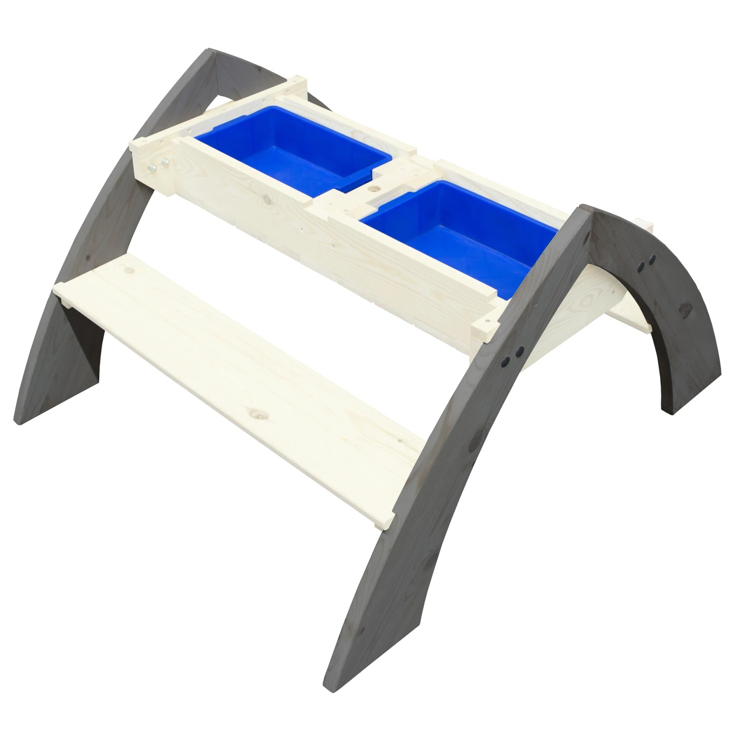 Sand- und Wassertisch Delta mit zwei blauen Wannen, grau-weiße Holzkonstruktion.