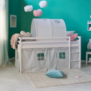 Homestyle4u Hochbett 90x200 Weiß mit Lattenrost und Matratze Tunnel 2772