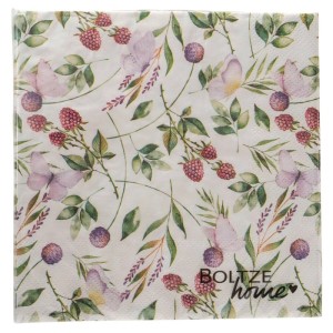 Boltze Servietten Fantasy, 20 Stück, mit floralem Muster, Schmetterlingen und Himbeeren.