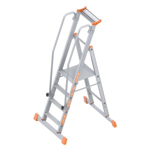 Layher Topic 1074 Plattformleiter mit 4 Stufen, Handlauf und Ablageschale.