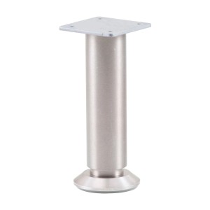 Runder, gebürsteter Aluminium Möbelfuß, 160 mm lang, höhenverstellbar. Mit quadratischer Montageplatte.