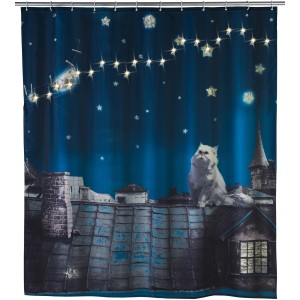 Wenko Duschvorhang Moon Cat mit LED-Beleuchtung, Katzenmotiv und Sternenhimmel.