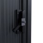 Detailaufnahme: Dunkelgrauer Juskys Metall Geräteschuppen mit Griff und Schiebetür.