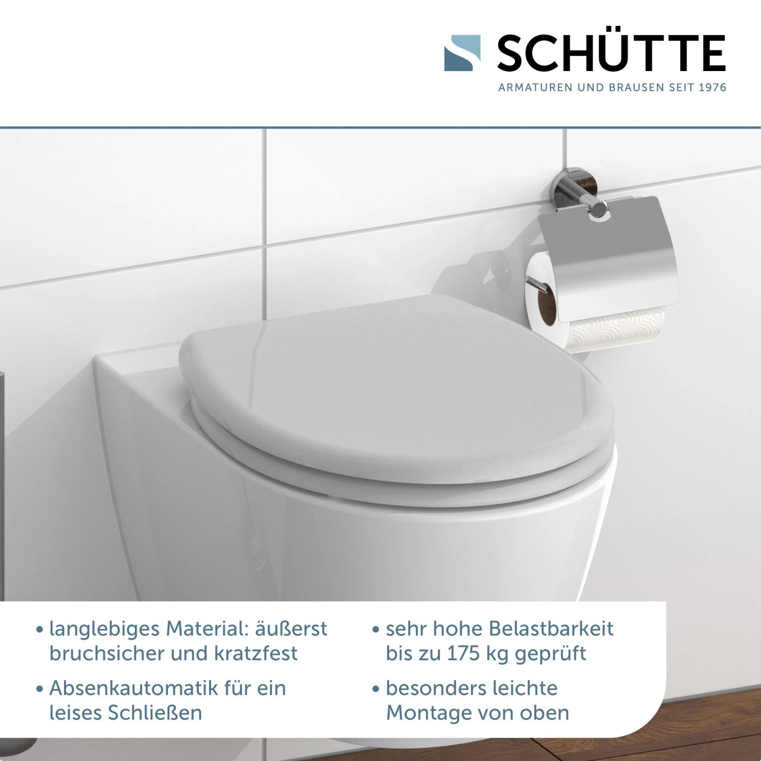Schütte WC-Sitz Duroplast Grau mit Absenkautomatik und Schnellverschluss auf einer Toilette.