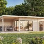 Palmako Holz-Gartenhaus mit Pultdach und überdachter Terrasse, unbehandelt.