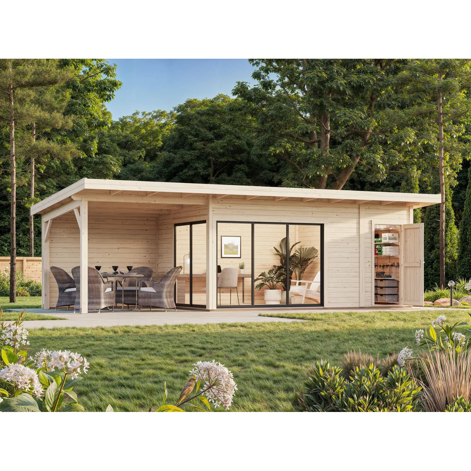 Palmako Holz-Gartenhaus Andrea Slide Plus Pultdach Unbehandelt 833 cm x 300 cm