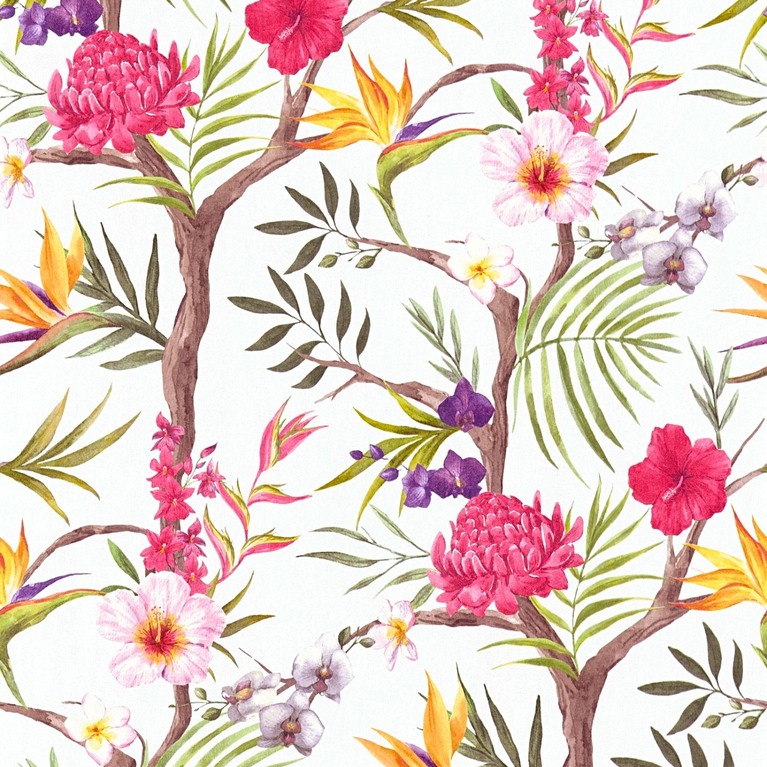 Bricoflor Tropische Tapete Bunt Tropical Vliestapete mit Blumen und Farn Design Weiße Dschungel Wandtapete mit Hibiskus für Wohnzimmer