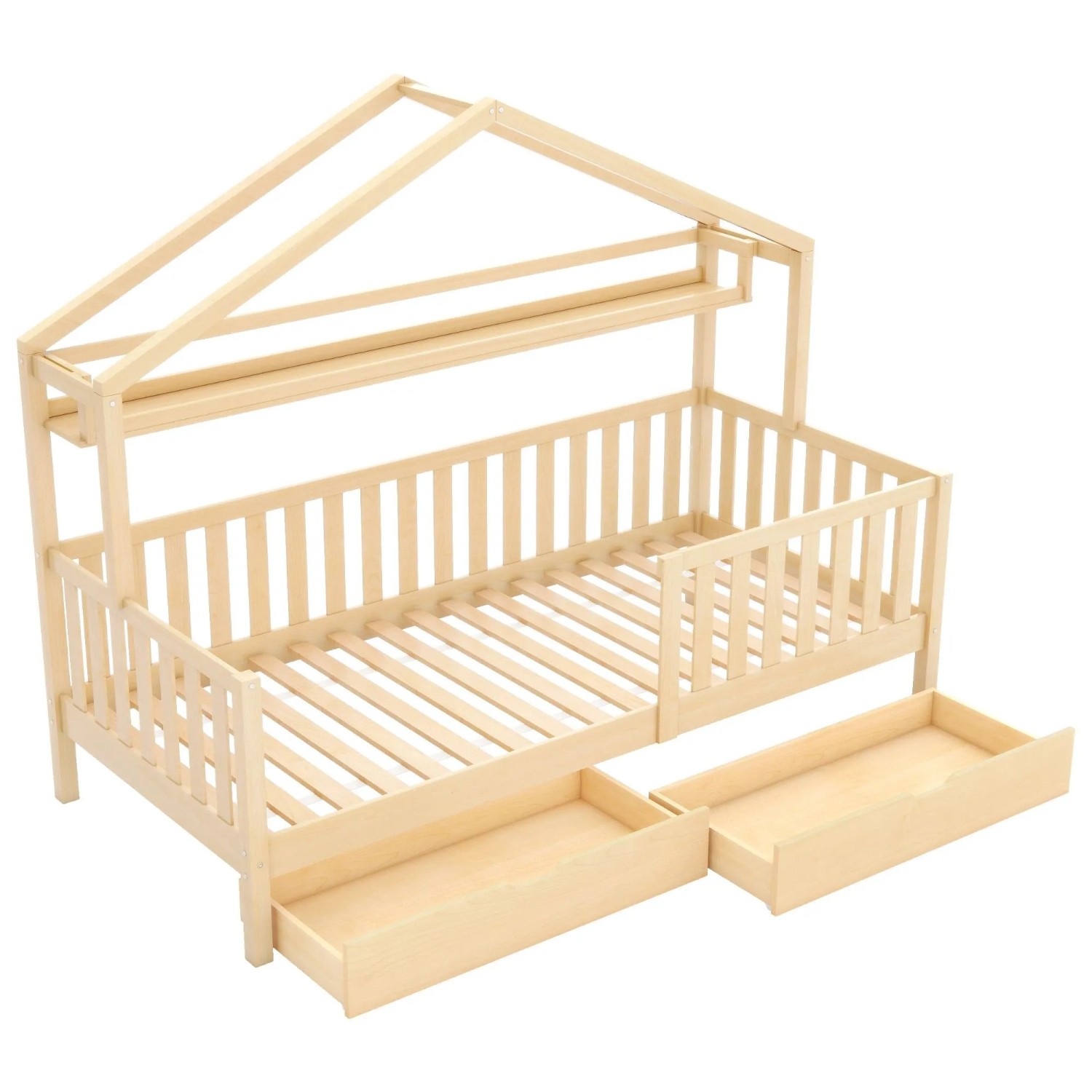okwish Hausbett 90x200cm mit Schubladen und Lattenrost Kinderzimmer Natur ohne Matratze