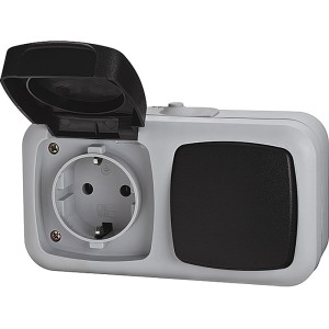 Feuchtraum Schalterserie Basic Grau: Steckdose und Schalterkombination für Aufputzmontage.