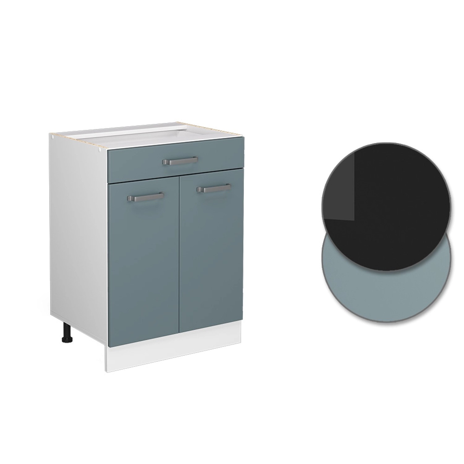 Vicco Küchenunterschrank R-Line, 60 cm, blau-graue Front, Schublade, anthrazitfarbene Arbeitsplatte.