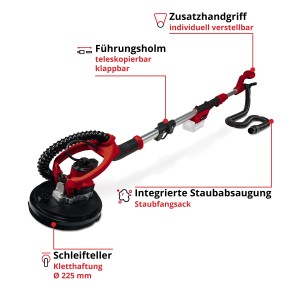 Einhell Akku-Trockenbauschleifer TP-DW 18/225 Li Solo: Schleifmaschine mit Staubabsaugung und flexiblem Schleifteller.