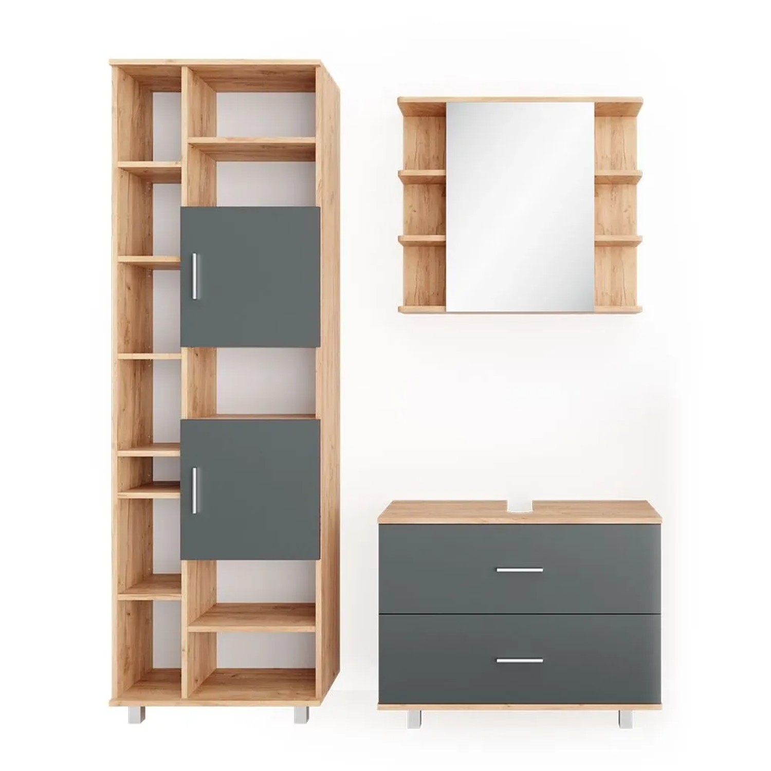 Vicco Badmöbel-Set Ilias Anthrazit/Goldkraft Eiche 80 x 61 3-teilig