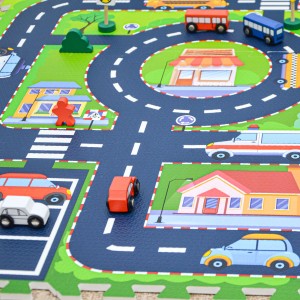 LittleTom Puzzlematte mit Straßenmotiv, 12 Teile, mit Spielzeugautos und Häusern.