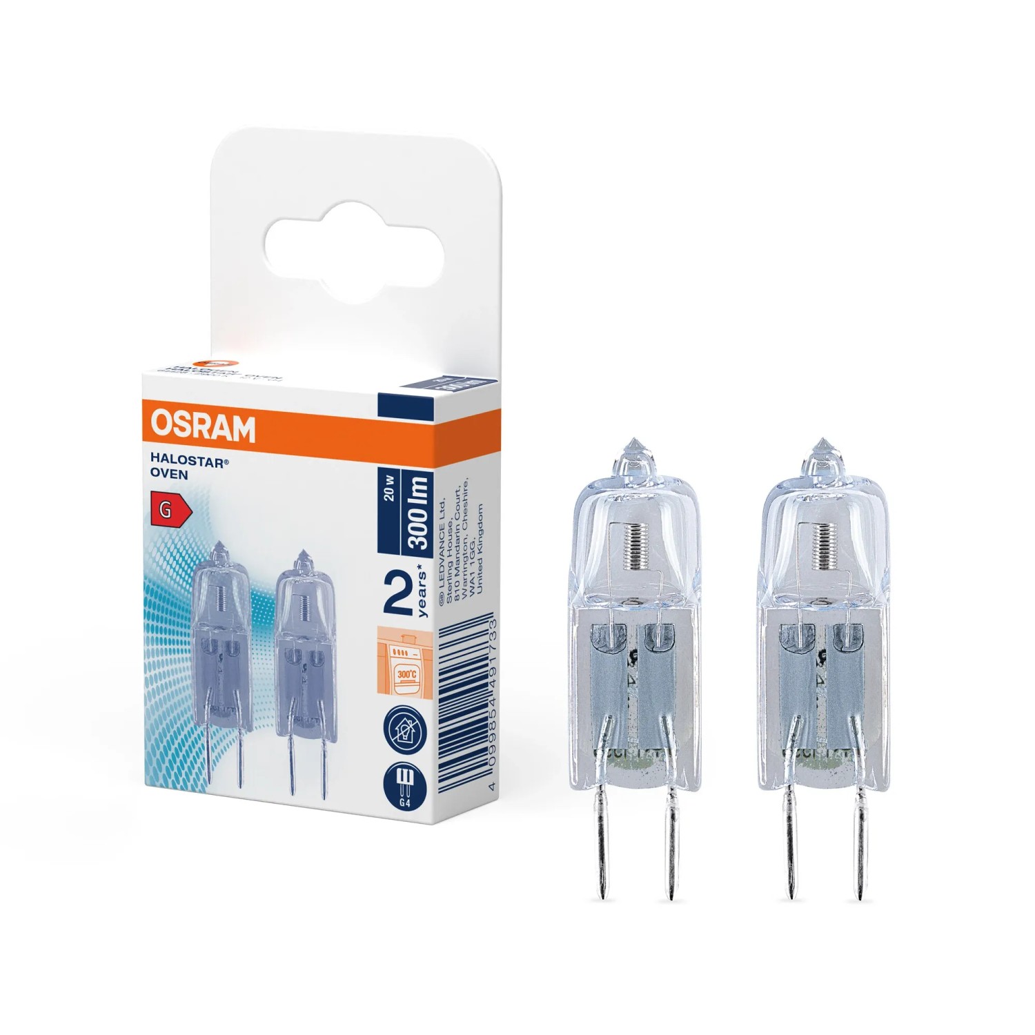 Osram G4 Halogen Leuchtmittel 2er-Pack, Röhrenform, 20W, für Backofenbeleuchtung.