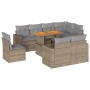 Beige 9-teilige vidaXL Garten-Sofagarnitur aus Polyrattan mit Tisch und grauen Kissen.