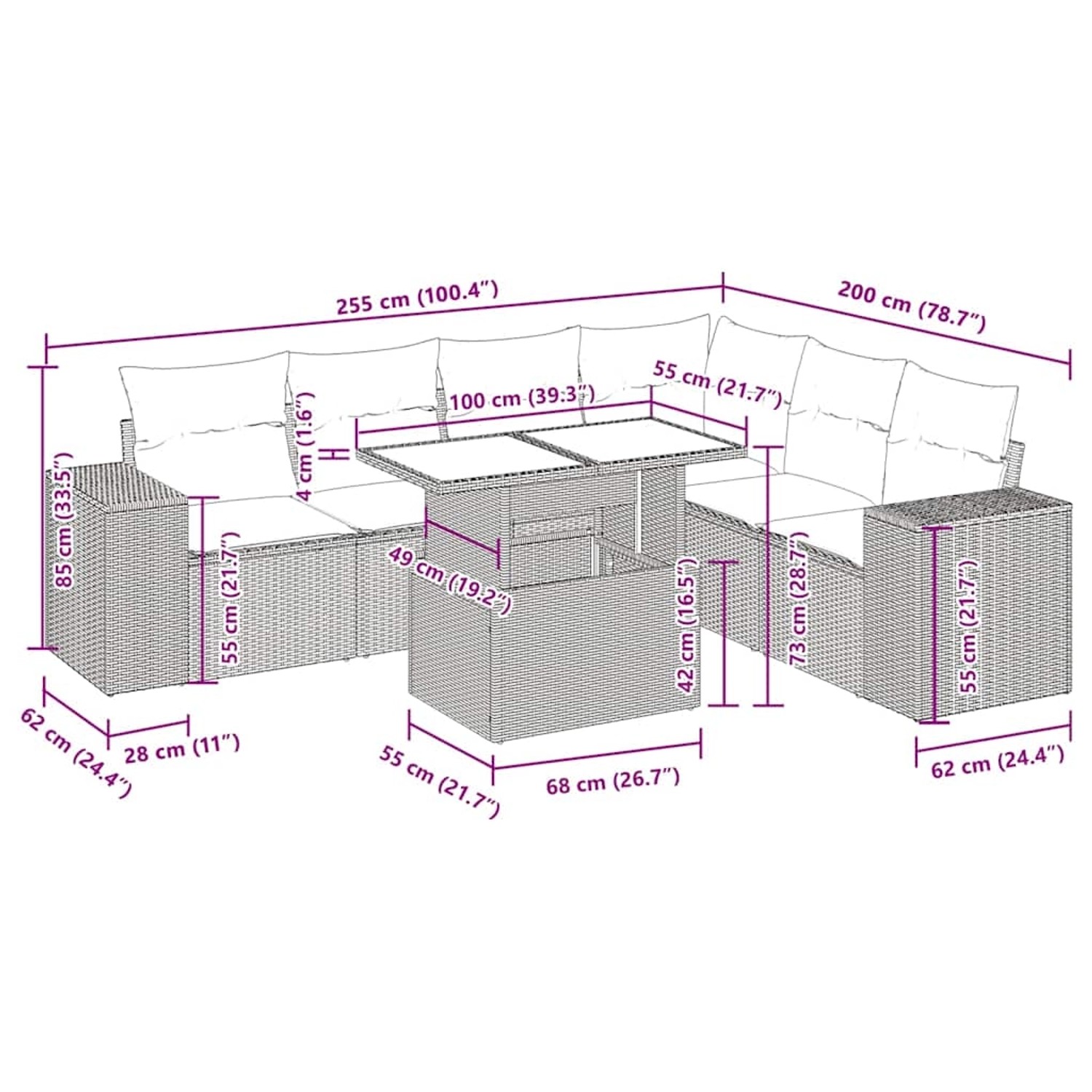 vidaXL 7-tlg. Garten-Sofagarnitur hellgrau Poly Rattan mit Maßen und Details.