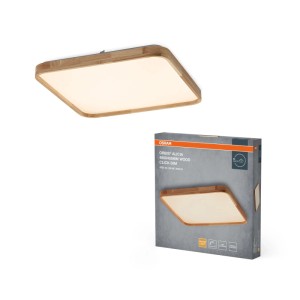 Osram LED-Deckenleuchte Orbis Alicia mit hellem Holzrahmen und weißem Diffusor. Quadratisch, leuchtend, Click-Dim-Funktion.