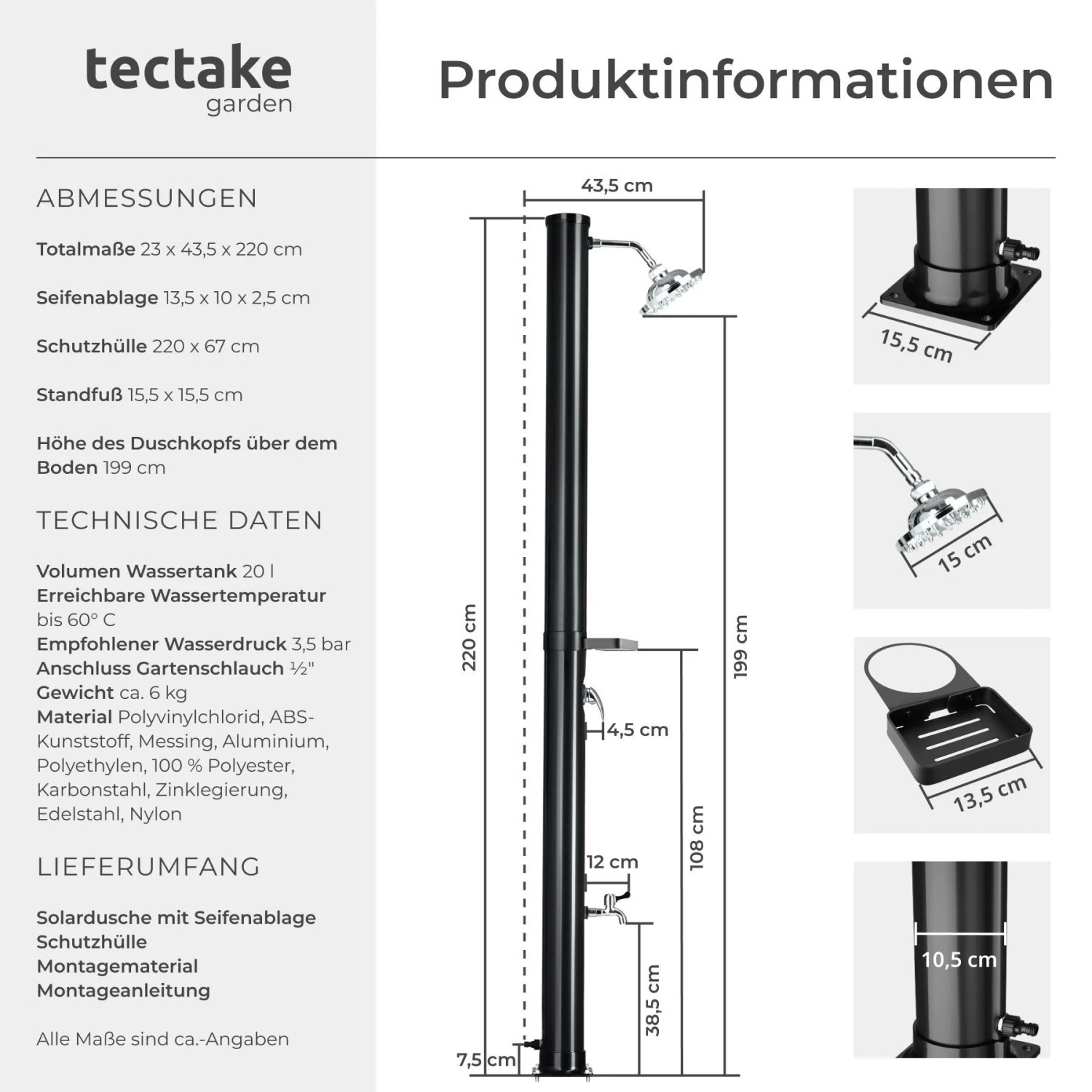 Abbildung der Tectake Solardusche Tinto 20L mit Maßangaben und Details.