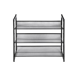 Schwarzes Songmics Schuhregal mit 3 Ebenen aus Metallgitter für bis zu 9 Paar Schuhe.