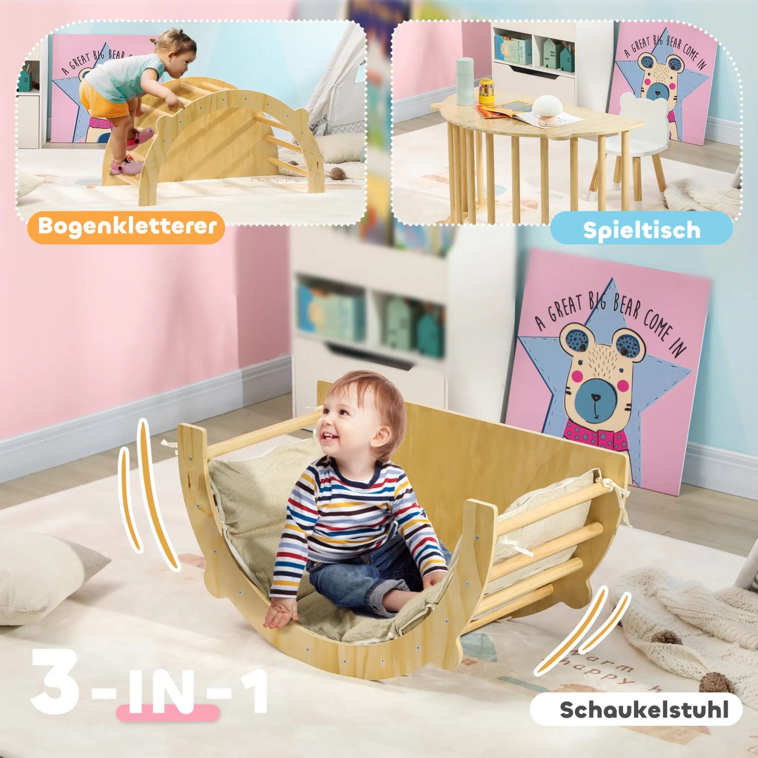 AIYAPLAY 3-in-1 Klettergerüst Set: Kletterbogen, Spieltisch und Schaukelstuhl für Kinder.