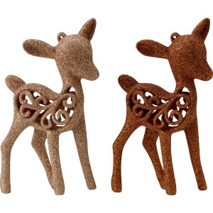 Baumschmuck-Set: 4 Hirsche in Braun- und Goldtönen mit Glitzer und filigranen Mustern.
