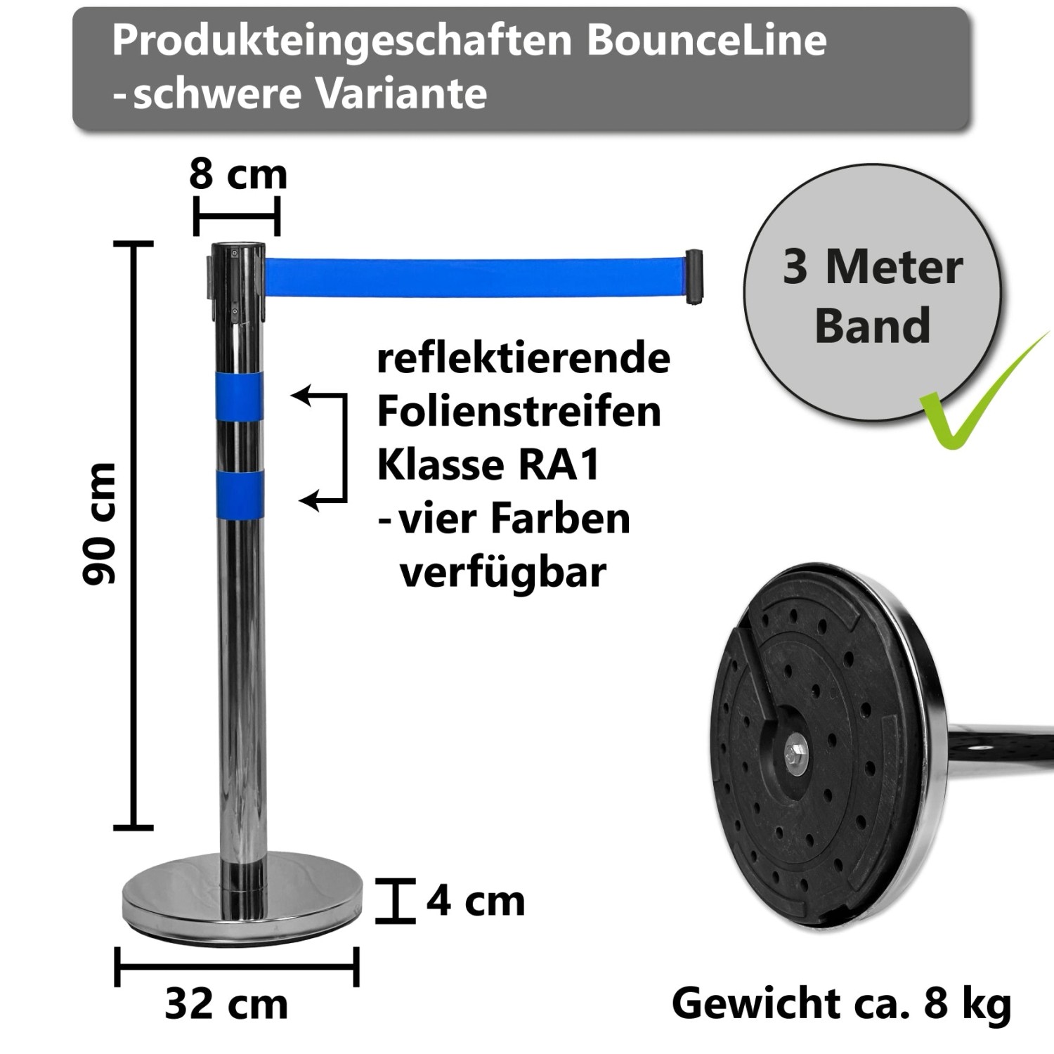UvV BounceLine Personenleitsystem Edelstahl, 90cm hoch, mit rot-weissem 3m Gurt.