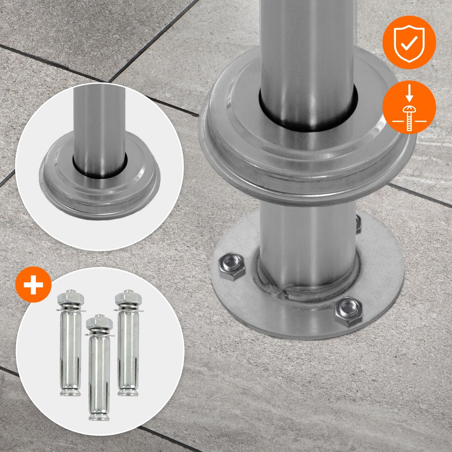 Detailaufnahme Standbriefkasten: Silberner Edelstahl-Pfosten mit Bodenankern für sichere Montage.