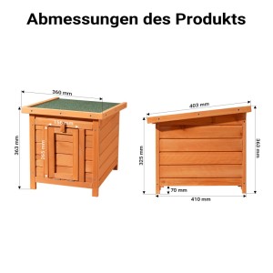 Wiltec Katzenhaus Nagerstall: Ansichten mit Maßen des Holzstalls, grünem Bitumendach und hochgeklappter Rampe.