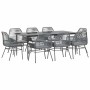 Graue 9-tlg. Garten-Essgruppe mit Polyrattan-Stühlen, Kissen und Glas-Tischplatte für den Außenbereich.