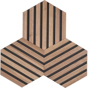Denpanels Akustikpaneel Hexagon Walnuss, 3er Set. Dekor-Paneele mit Holzlamellen für Wandgestaltung.