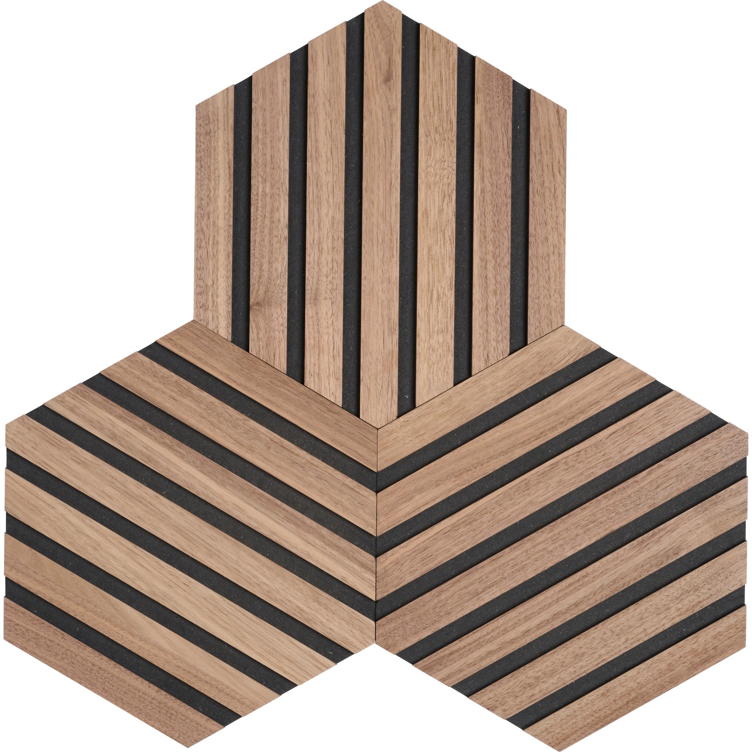 Denpanels Akustikpaneel Hexagon Walnuss, 3er Set. Dekor-Paneele mit Holzlamellen für Wandgestaltung.