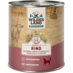 Wildes Land Hunde-Nassfutter Rind, 800g Dose. Glutenfreies Alleinfutter mit Süßkartoffel und Distelöl.