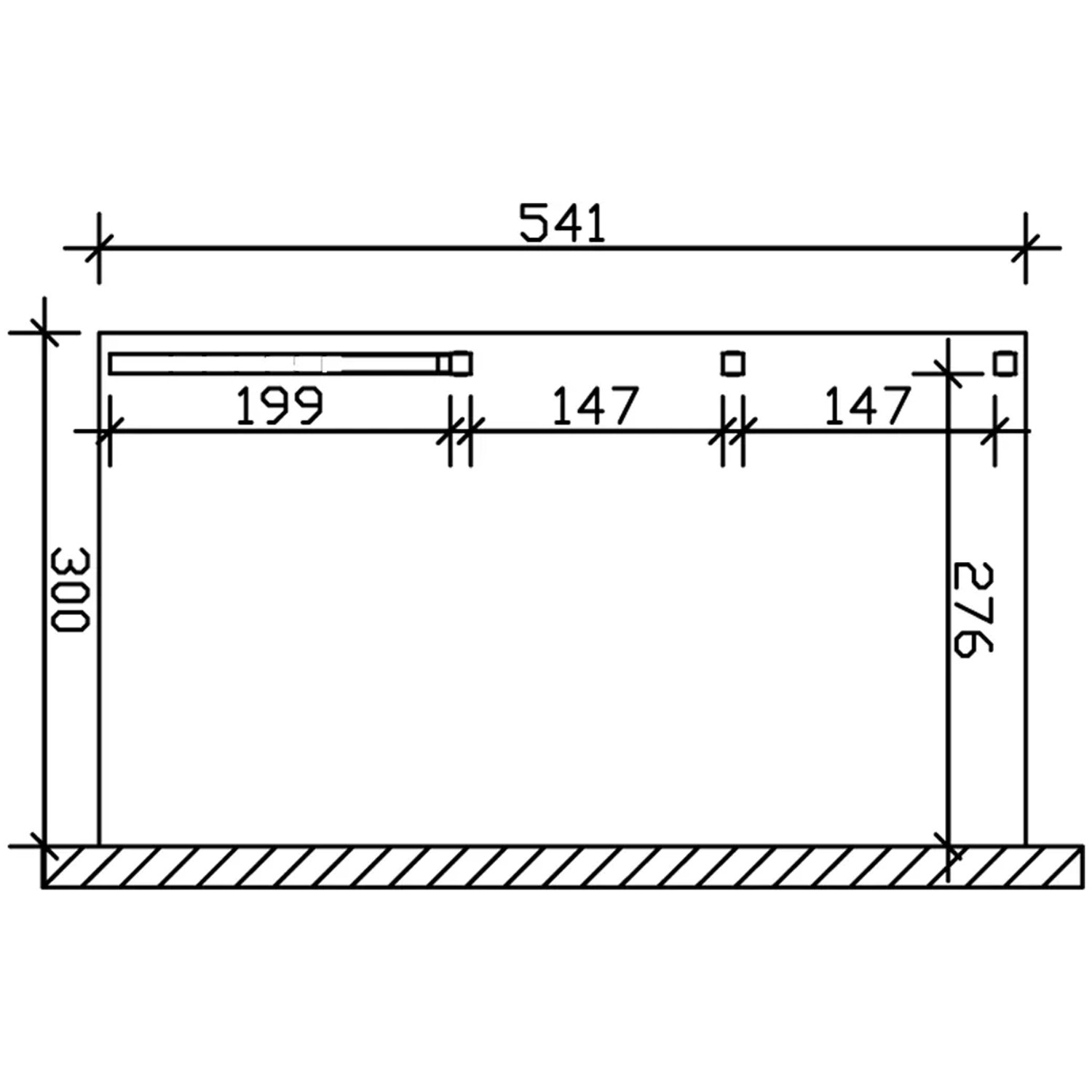 Technische Zeichnung des Skan Holz Carport Eifel, Maße: 300x541 cm, Pfostenabstände und Höhenangaben.