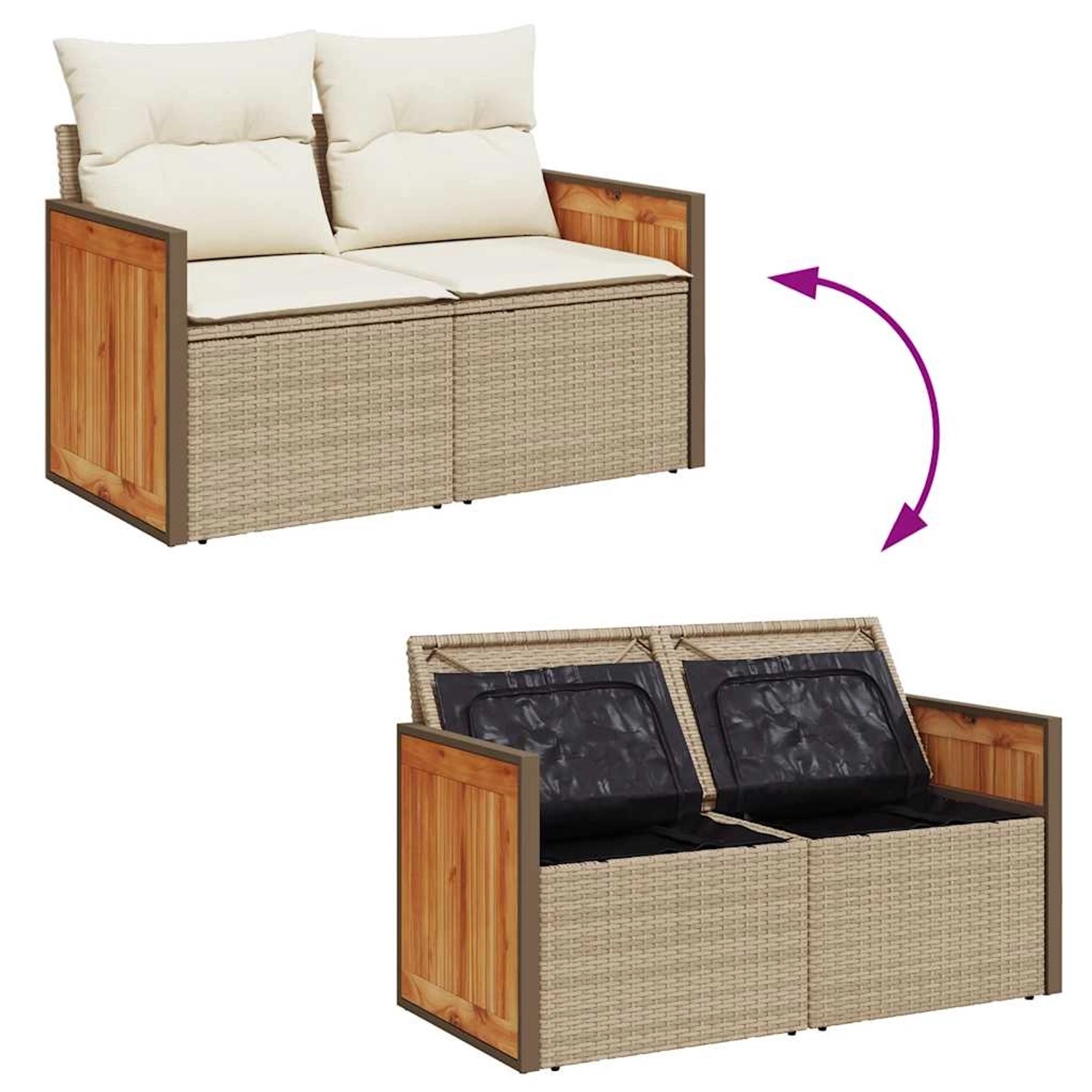 7-tlg. Garten-Sofagarnitur Beige Poly Rattan mit Kissen und Stauraum.