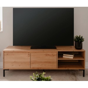 Modernes TV-Lowboard Bastia in Eiche Artisan Optik, 150 cm, mit 2 Klappen, 2 offenen Fächern und schwarzen Metallfüßen.