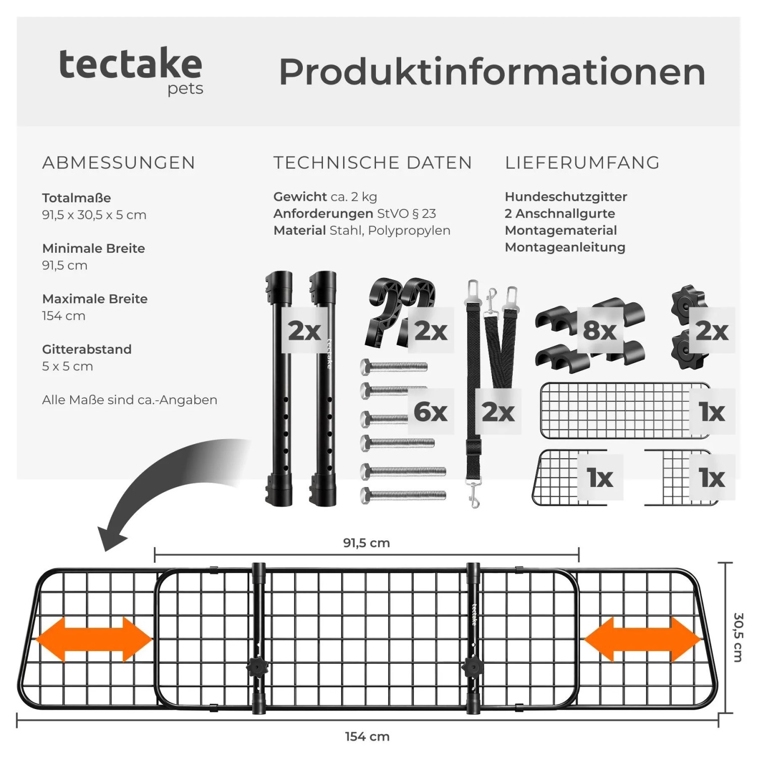 Tectake Hundeschutzgitter Balu aus Stahl, verstellbar von 91,5 bis 154 cm, mit Zubehör.