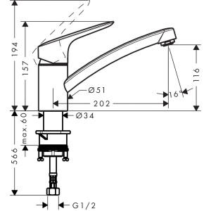 Technische Zeichnung: Hansgrohe Logis Küchenarmatur, 120mm, Chrom, Maße und Anschlüsse.
